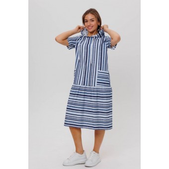 Платье  женское       из кулирки     с коротким рукавом  Белый, Синий  Полоска Kuzina