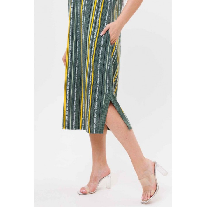 Платье женское из кулирки с коротким рукавом зеленое Полоска Kuzina