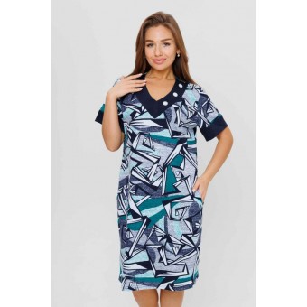 Туника  женская       из кулирки     с коротким рукавом  синяя  Абстракция Kuzina  