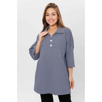 Туника  женская       из кулирки     с рукавом 3/4  синяя  Горох Kuzina