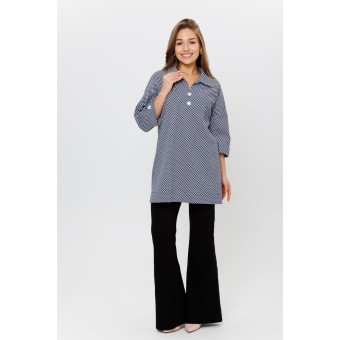 Туника  женская       из кулирки     с рукавом 3/4  синяя  Горох Kuzina