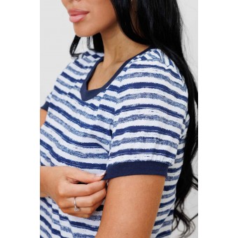 Туника  женская       из кулирки     с коротким рукавом  Белый, Синий  Полоска Kuzina