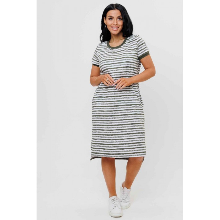 Туника женская из кулирки с коротким рукавом Бежевый, хаки Полоска Kuzina