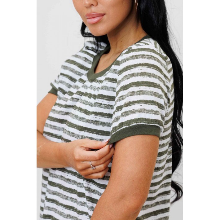 Туника женская из кулирки с коротким рукавом Бежевый, хаки Полоска Kuzina