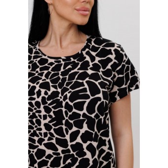Туника  женская       из кулирки     с коротким рукавом  Бежевый, Черный  Животный принт Kuzina  