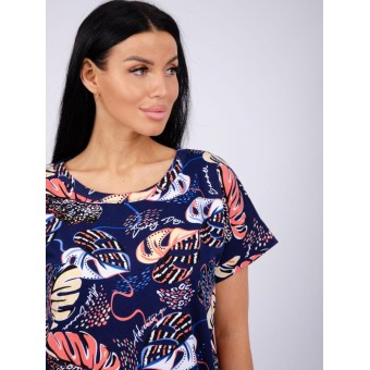 Туника  женская       из кулирки     с коротким рукавом  черная  Листья