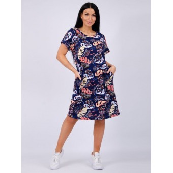 Туника  женская       из кулирки     с коротким рукавом  черная  Листья