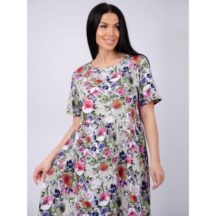 Платье женское из кулирки с коротким рукавом черное Цветы