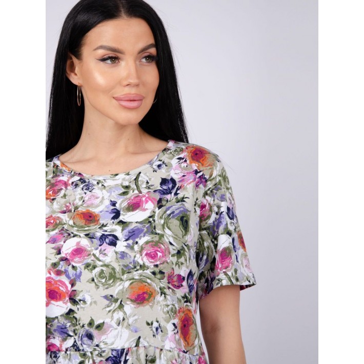 Платье женское из кулирки с коротким рукавом черное Цветы