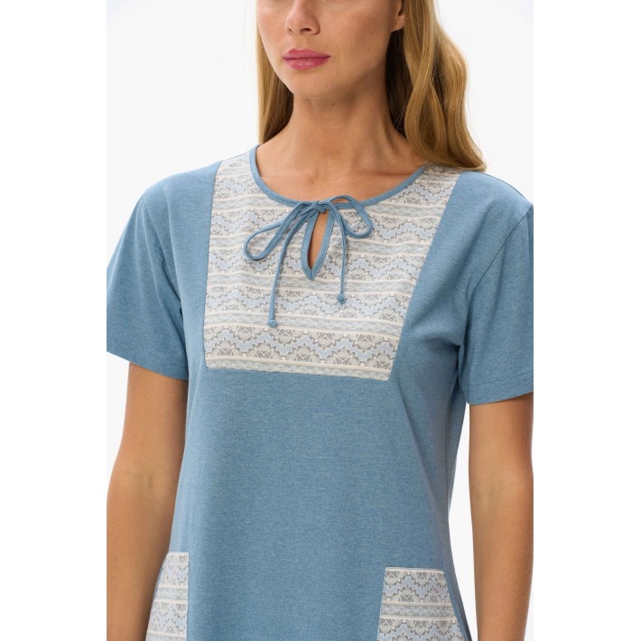 Платье женское Пенье с коротким рукавом голубое Орнамент