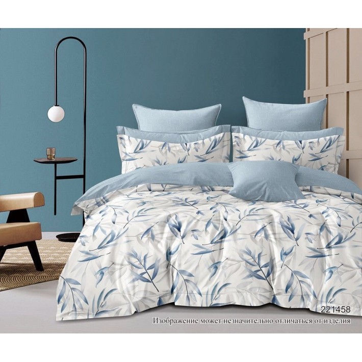 Простыня на резинке 90х200 1,5 спальная из сатина голубая Веточки Бояртекс
