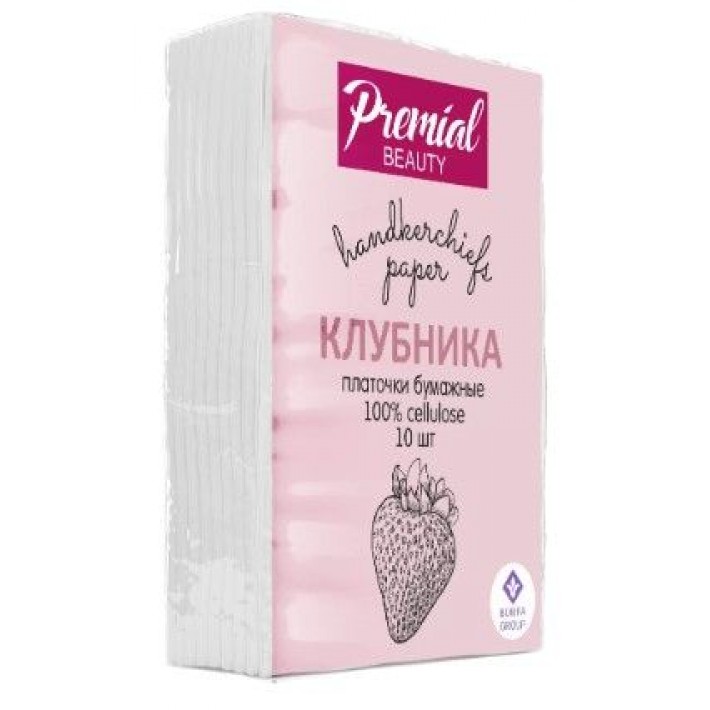 PREMIAL мини Платочки бумажные трехслойные белые с ароматом клубники 4шт