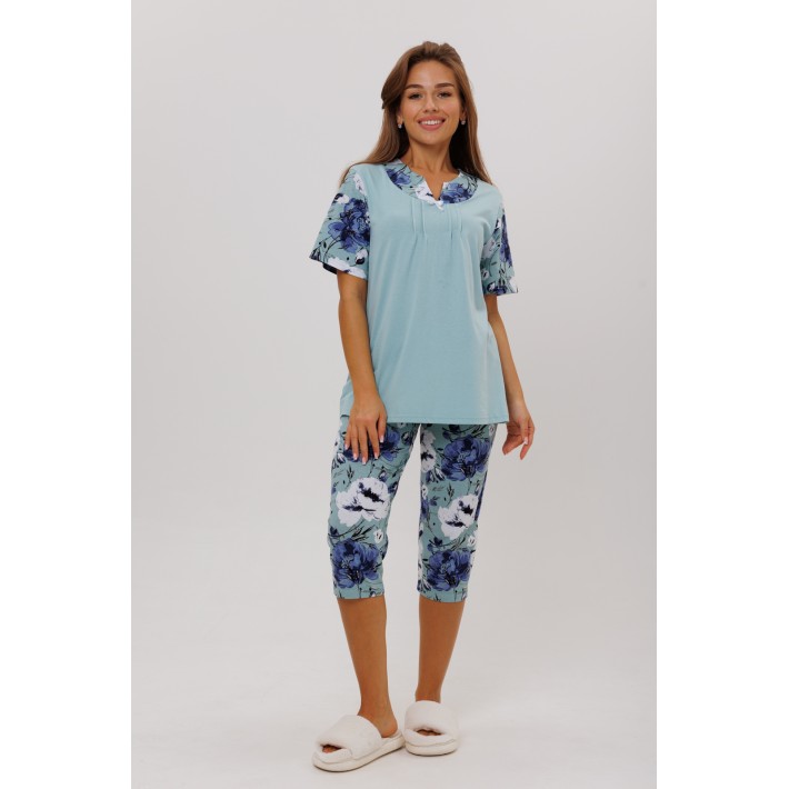 Пижама женская из кулирки футболка с бриджами Голубой, Синий Цветы