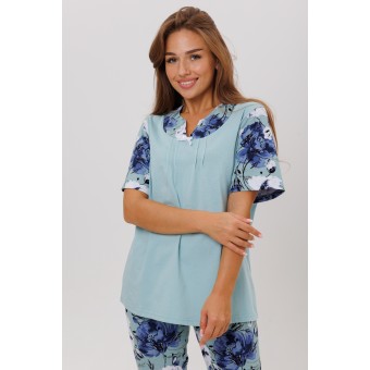 Пижама  женская       из кулирки    футболка с бриджами   Голубой, Синий  Цветы