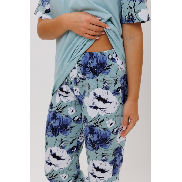 Пижама женская из кулирки футболка с бриджами Голубой, Синий Цветы