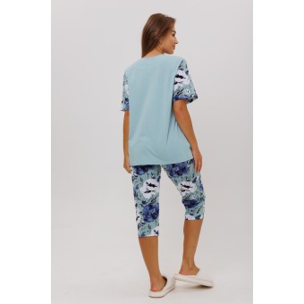 Пижама  женская       из кулирки    футболка с бриджами   Голубой, Синий  Цветы