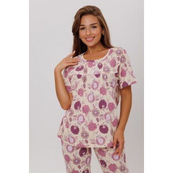 Пижама  женская       из кулирки    футболка с бриджами   розовая  Цветы