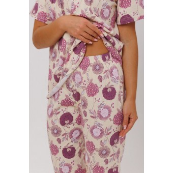 Пижама  женская       из кулирки    футболка с бриджами   розовая  Цветы