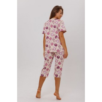 Пижама  женская       из кулирки    футболка с бриджами   розовая  Цветы