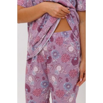 Пижама  женская       из кулирки    футболка с бриджами   Сиреневый  Цветы