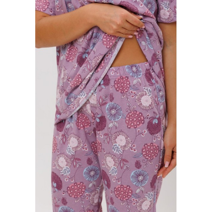 Пижама женская из кулирки футболка с бриджами Сиреневый Цветы