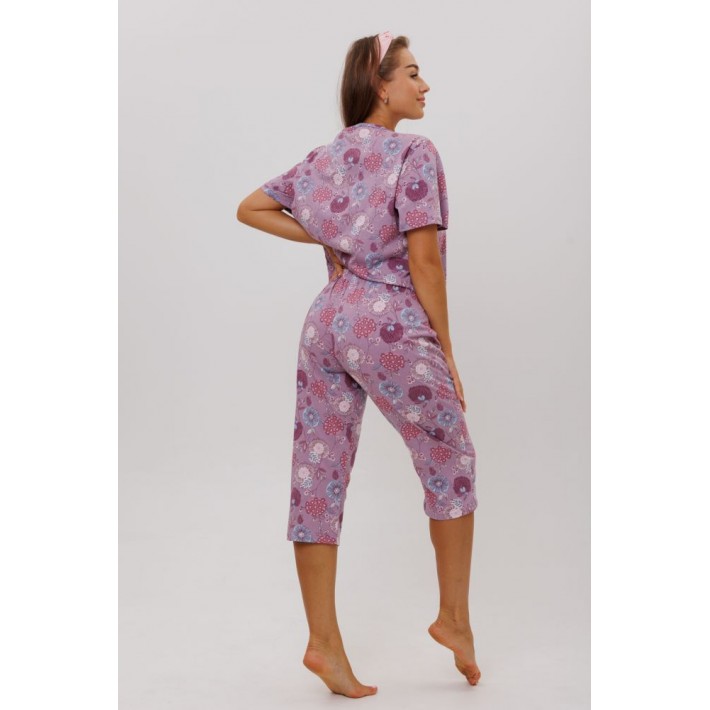 Пижама женская из кулирки футболка с бриджами Сиреневый Цветы