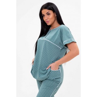 Пижама  женская       из кулирки    футболка с бриджами   Бирюзовый  Горох