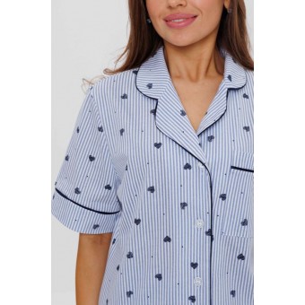 Пижама  женская       из кулирки    рубашка с брюками   Голубой, Синий  Сердечки