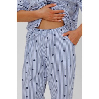 Пижама  женская       из кулирки    рубашка с брюками   Голубой, Синий  Сердечки