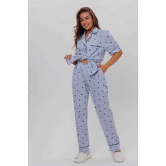 Пижама  женская       из кулирки    рубашка с брюками   Голубой, Синий  Сердечки