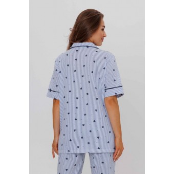 Пижама  женская       из кулирки    рубашка с брюками   Голубой, Синий  Сердечки