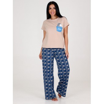 Костюм  женский       из кулирки    футболка с брюками   Бежевый, Синий  Клетка