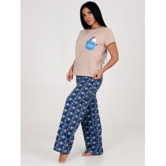 Костюм  женский       из кулирки    футболка с брюками   Бежевый, Синий  Клетка