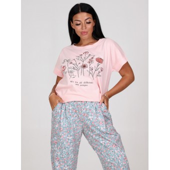 Костюм  женский       из кулирки    футболка с брюками   Розовый, Серый  Рисунок