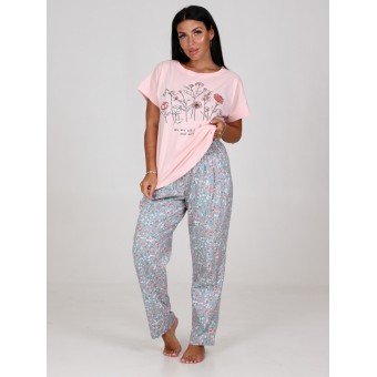 Костюм  женский       из кулирки    футболка с брюками   Розовый, Серый  Рисунок