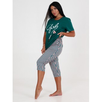 Костюм  женский       из кулирки    футболка с бриджами   Зеленый, Розовый  Рисунок