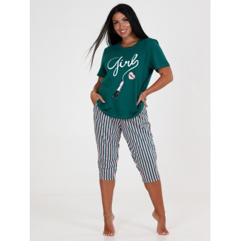 Костюм  женский       из кулирки    футболка с бриджами   Зеленый, Розовый  Рисунок