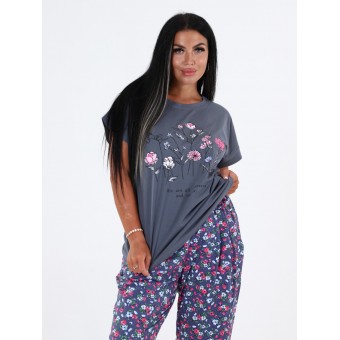 Костюм  женский       из кулирки    футболка с брюками   Розовый, Серый  Рисунок