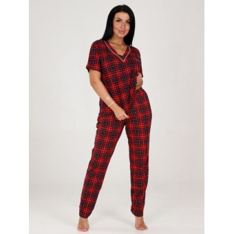 Костюм  женский       из кулирки    футболка с брюками   Красный, Черный  Клетка