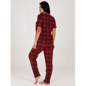 Костюм  женский       из кулирки    футболка с брюками   Красный, Черный  Клетка