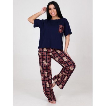 Костюм  женский       из кулирки    футболка с брюками   Красный, Синий  Клетка