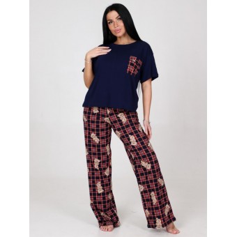 Костюм  женский       из кулирки    футболка с брюками   Красный, Синий  Клетка
