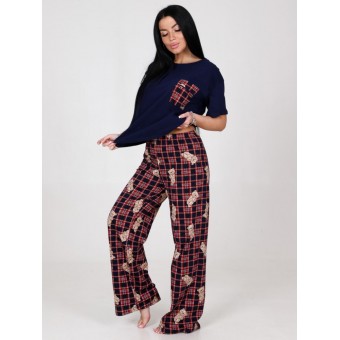 Костюм  женский       из кулирки    футболка с брюками   Красный, Синий  Клетка