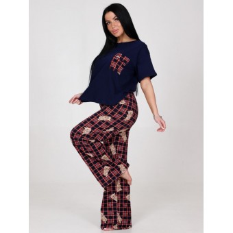 Костюм  женский       из кулирки    футболка с брюками   Красный, Синий  Клетка
