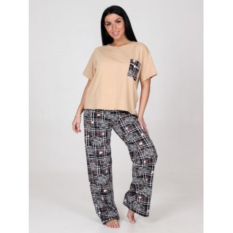 Костюм  женский       из кулирки    футболка с брюками   Бежевый, Коричневый  Принт