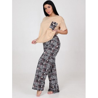 Костюм  женский       из кулирки    футболка с брюками   Бежевый, Коричневый  Принт