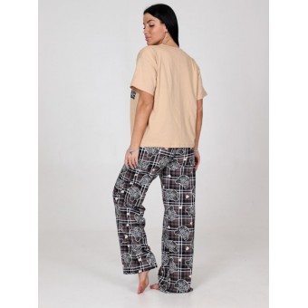 Костюм  женский       из кулирки    футболка с брюками   Бежевый, Коричневый  Принт