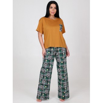 Костюм  женский       из кулирки    футболка с брюками   Зеленый, Оранжевый  Принт