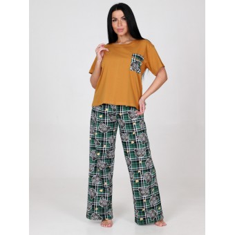 Костюм  женский       из кулирки    футболка с брюками   Зеленый, Оранжевый  Принт