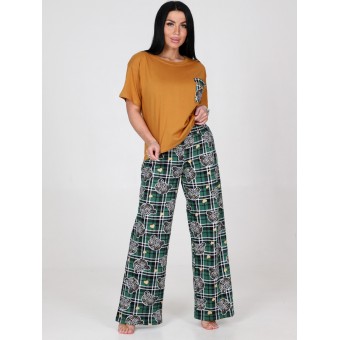 Костюм  женский       из кулирки    футболка с брюками   Зеленый, Оранжевый  Принт